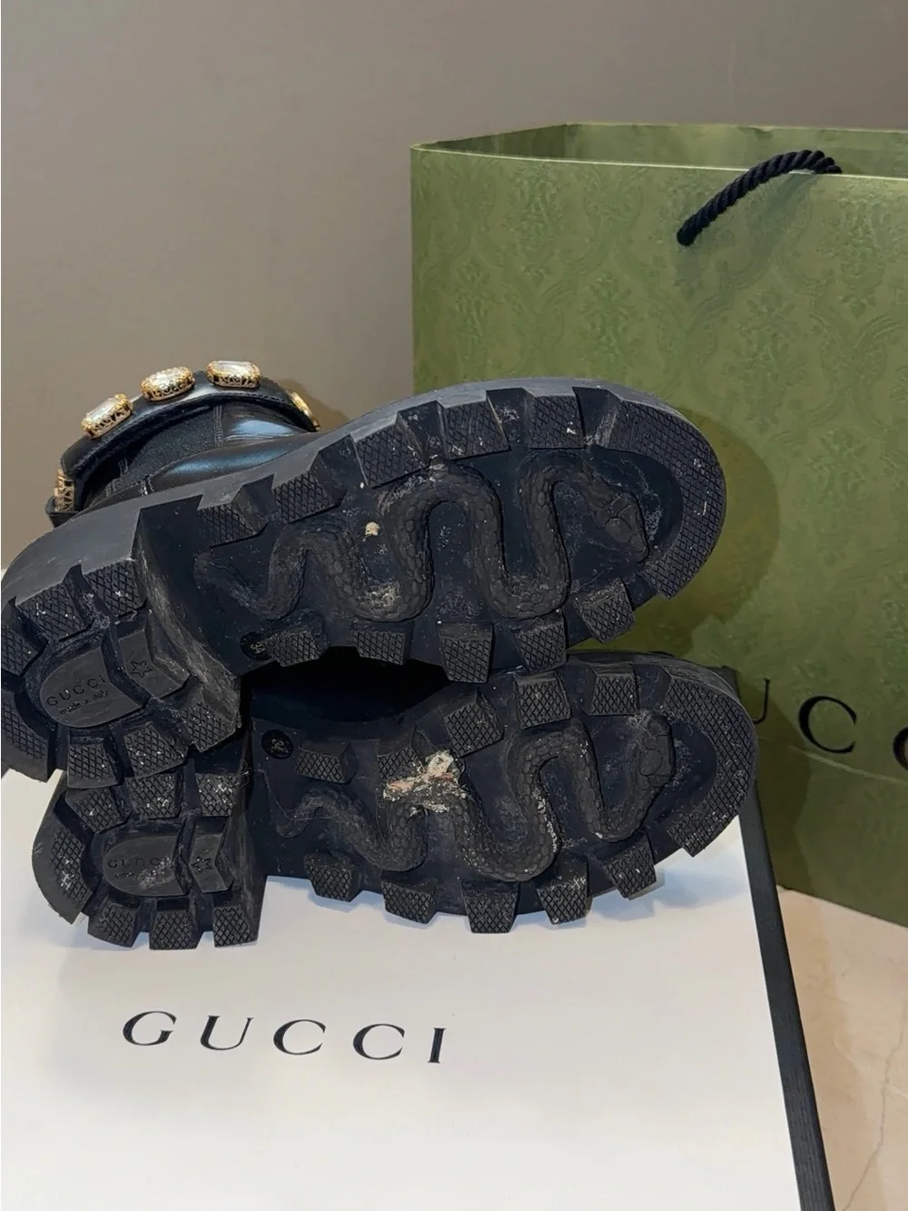 Gucci Black Leather Ankle Boots with Gold GG Buckle and Jewel Accents